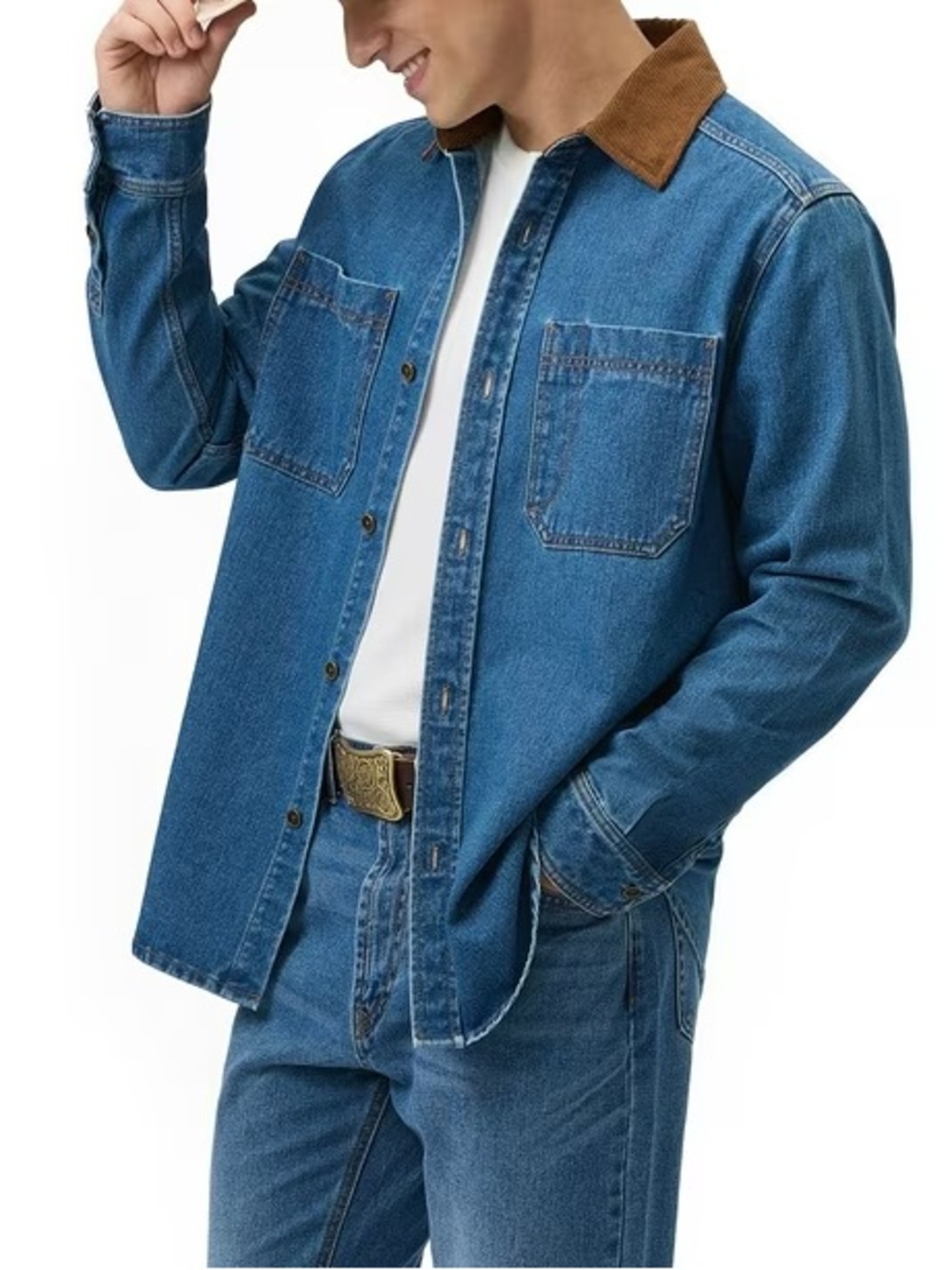 Frye Men's Denim Barn Shacket Shirt Jacket Corduroy Collar Blue Wash Size S